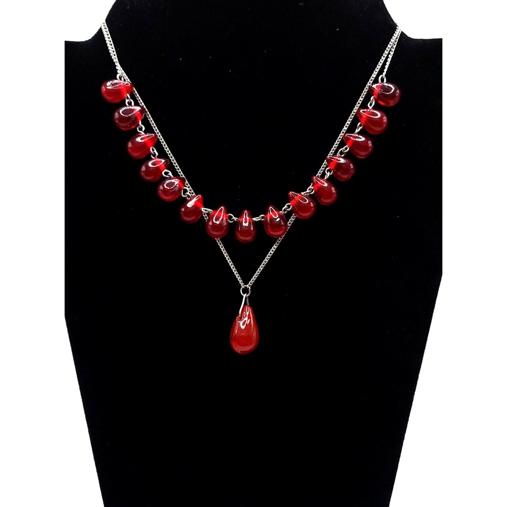 Red Glass Teardrop Necklace 15-20in Layered